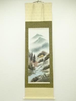 大成筆　彩色山水　肉筆絹本掛軸（保護箱）